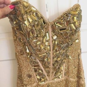 SHERRI HILL 1435 GOLD SZ 2 BEADED LONG GOWN MIRROR DRESS STRAPLESS